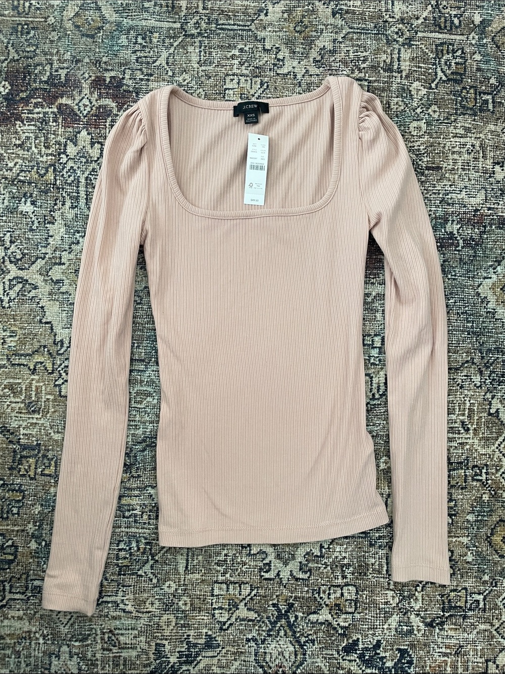 J. Crew Ribbed Long-Sleeve Square Neck Top in Blush